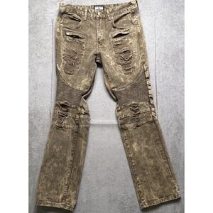Mens Brown Distressed Moto Biker Jeans 32x32 Ribbed Slim Fit